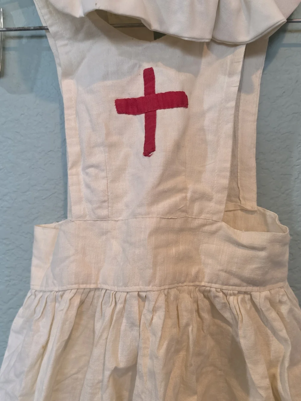 Vintage 1940s WWII Child Red Cross Nurse Pinafore Apron Dress Set w Bonnet Cap